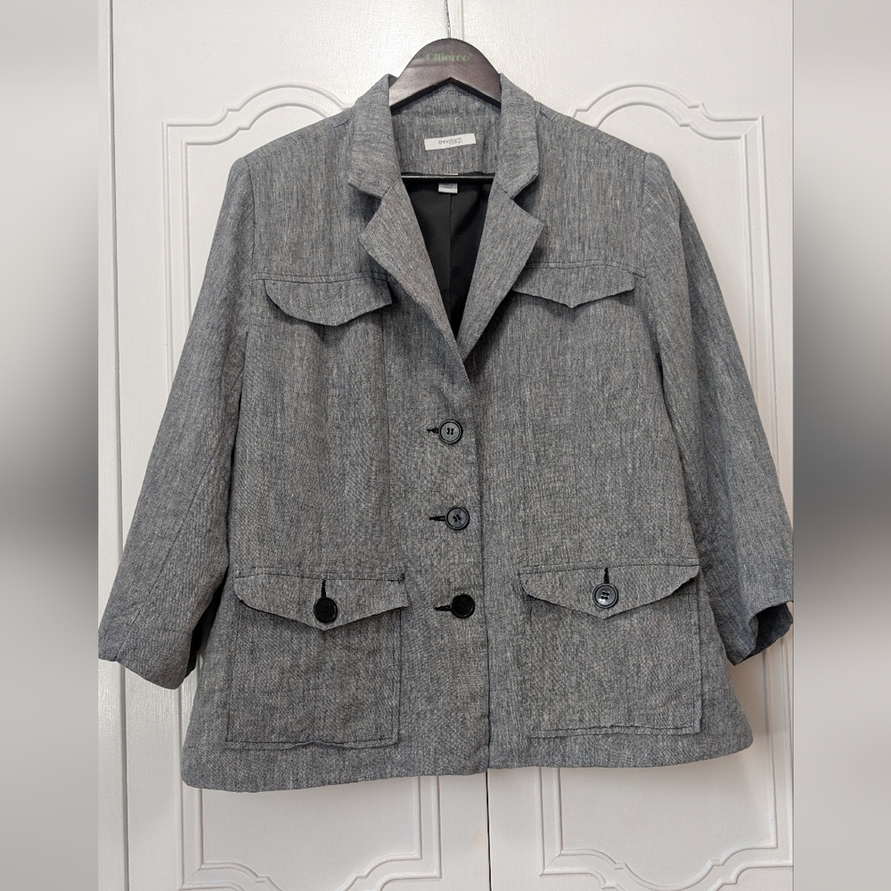 Dressbarn Gray Blazer with Classic Lapel and Three-Quarter Sleeves 100% Linen